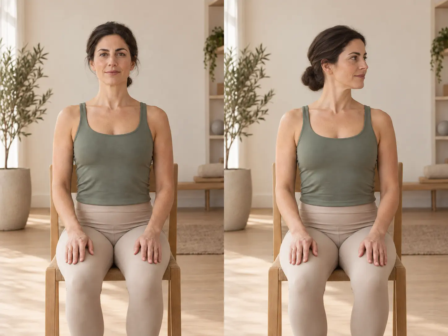 Rotación cervical suave desde una posición sentada estable
